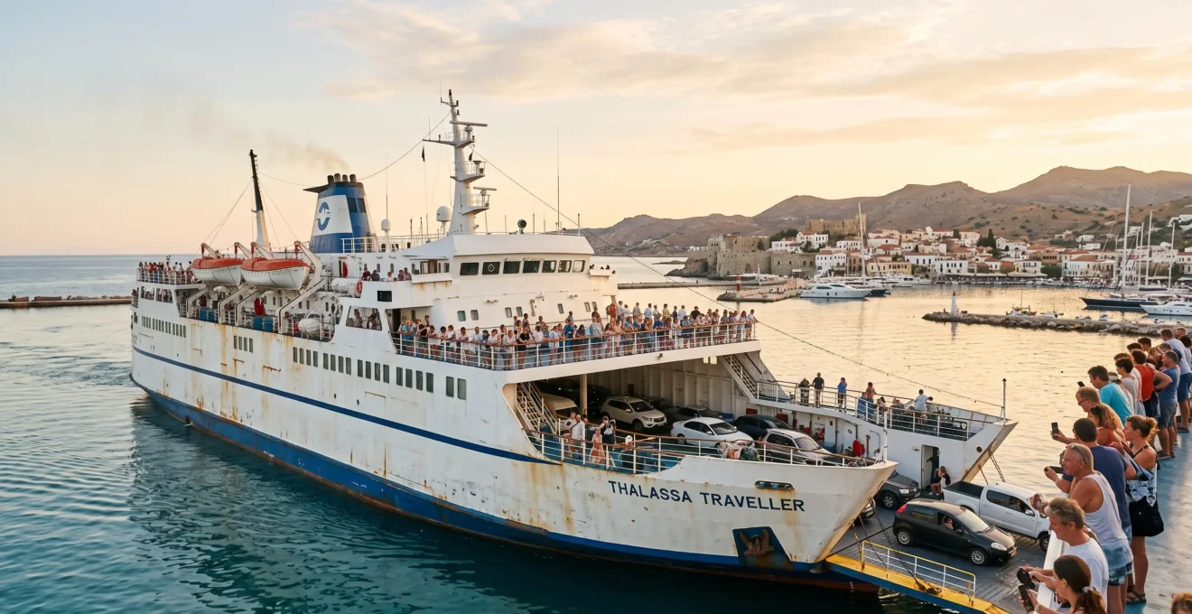 Eine Fähre läuft in den Hafen von Korsika ein, Passagiere stehen am Geländer.