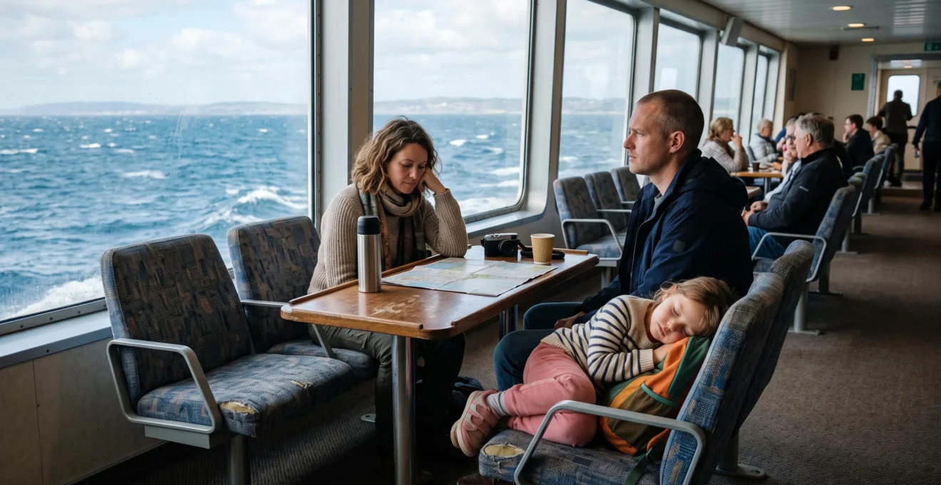Eine Familie sitzt am Panoramafenster einer Fähre und blickt aufs Meer.
